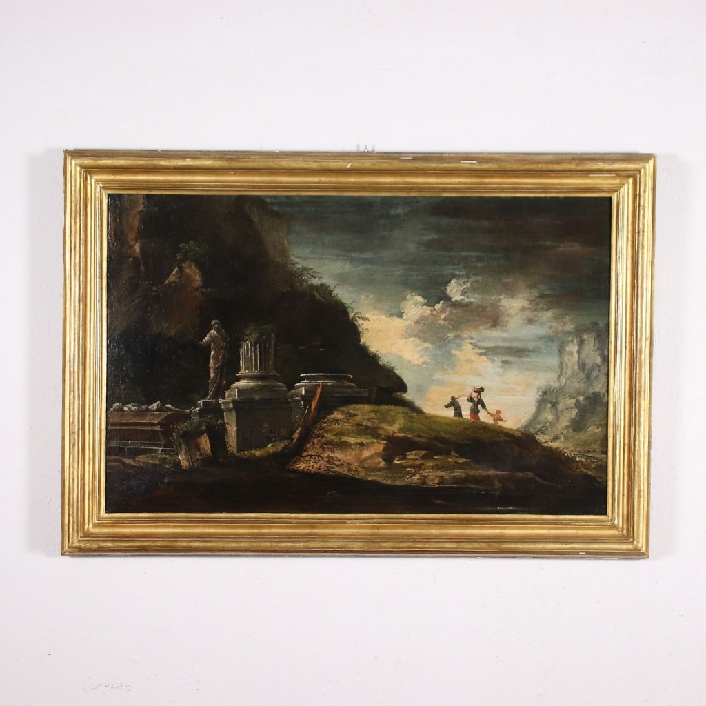 "Paesaggio con figure e rovine" olio su tela.